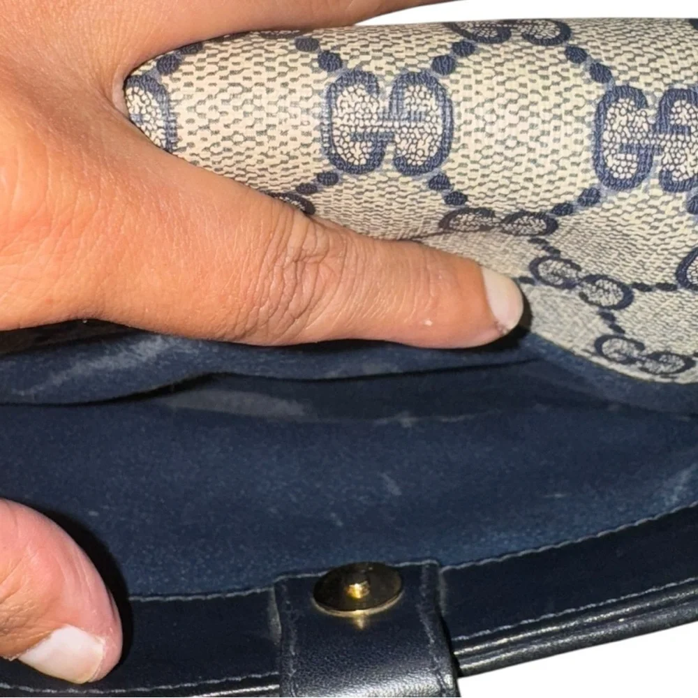 Vintage Gucci GG Monogram Shoulder Bag Navy Leather Trim | Unused 1970s
